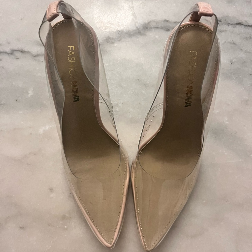 Fashion Nova Clear PVC Pointed-Toe Slingback Pumps with Pink Trim
